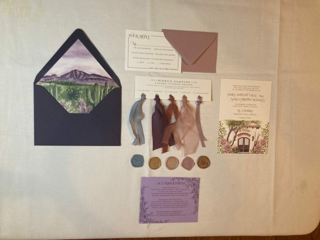 Lauren Yvonne Designs
www.laurenyvonnedesign.com
A sampling of her beautiful designs and accessories. Deep purple, purple and dessert scene
Invitationsuite, invitation, weddinginvitation