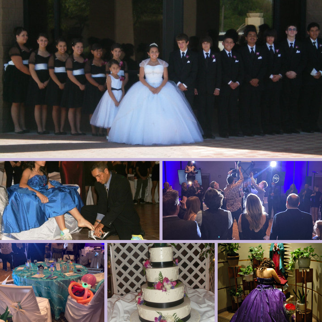 A picture collage of the memorable moments captured in various Quinceañera birthday celebrations.